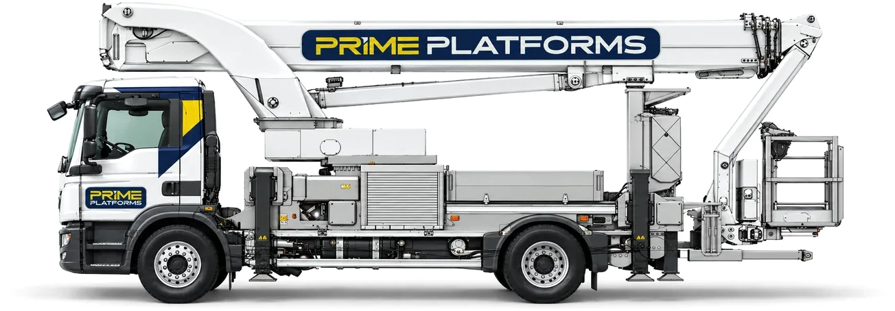 Palfinger P370KS 37m truck mounted access platform in Prime Platforms livery