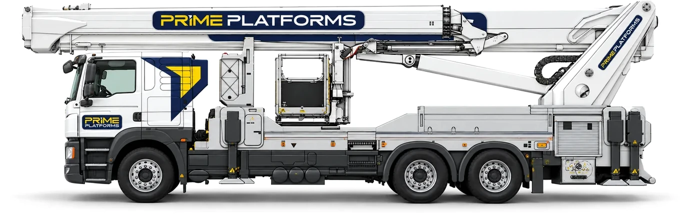 Palfinger P570 57m truck mounted access platform in Prime Platforms livery