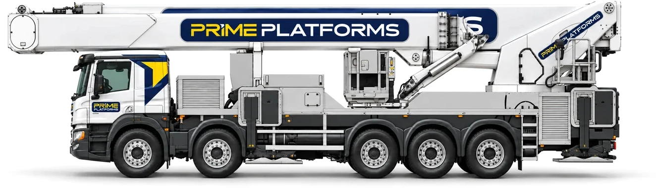 Ruthmann T900 Flex 90m truck mounted access platform in Prime Platforms livery